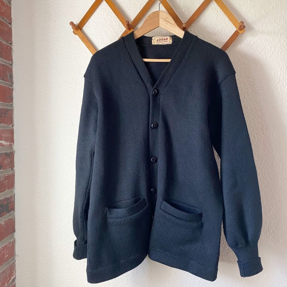 Vintage Logan Knitting Mills 100% Wool Black Oversized Cardigan Size Large